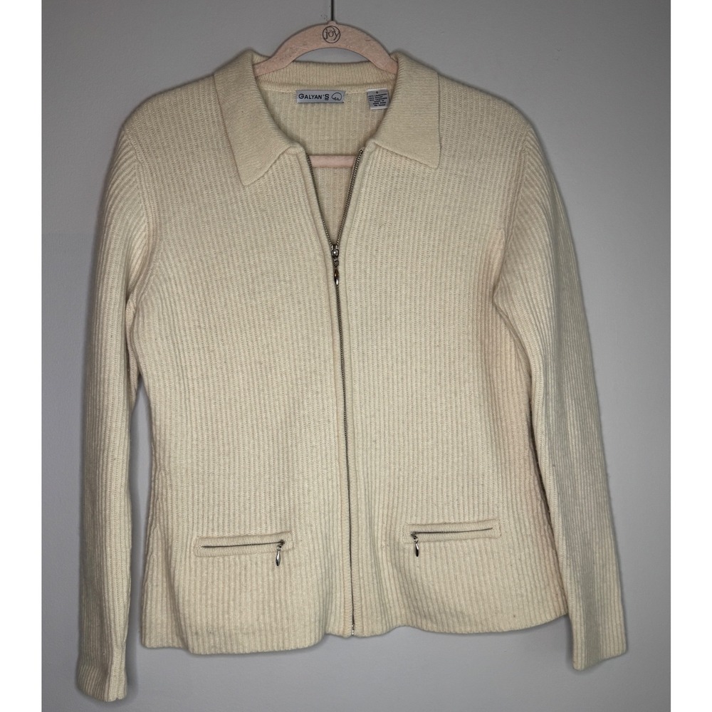 Galyan's Cream Ribbed Lambswool Cashmere Full Zip Cardigan Sweater Small